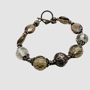 Bracelet Bangle Smoky Quartz Clear Glass Beads Sterling Silver 7.5 inches